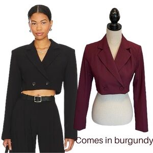 House of Harlow 1960 Prague Cropped Double Breasted Blazer in Burgundy